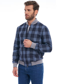 Consiglieri Deauville Privé: navy checked bomber jacket with grey ribbed trims