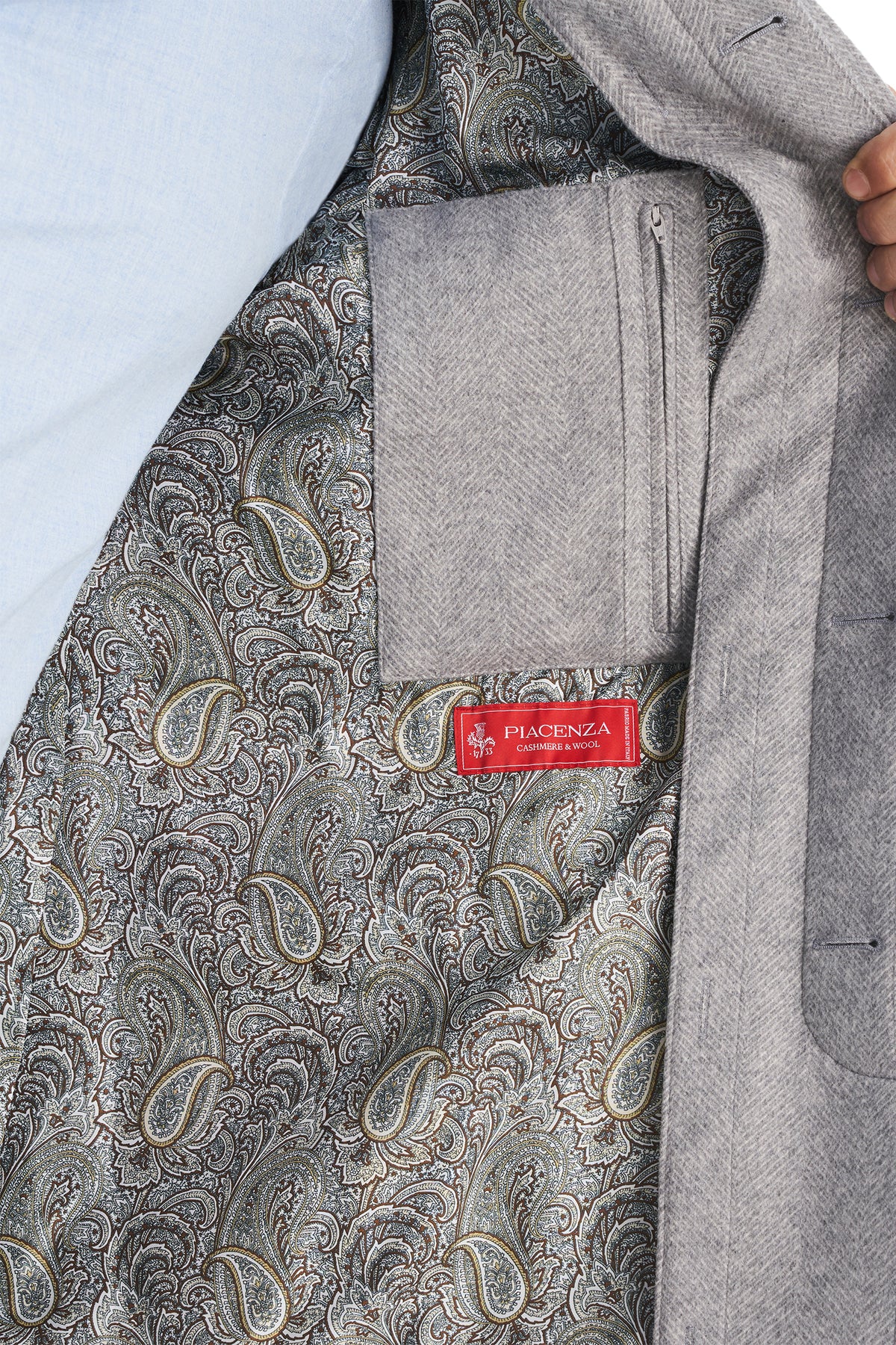 Consiglieri Florence: ornamental-pattern lining inside the grey overcoat