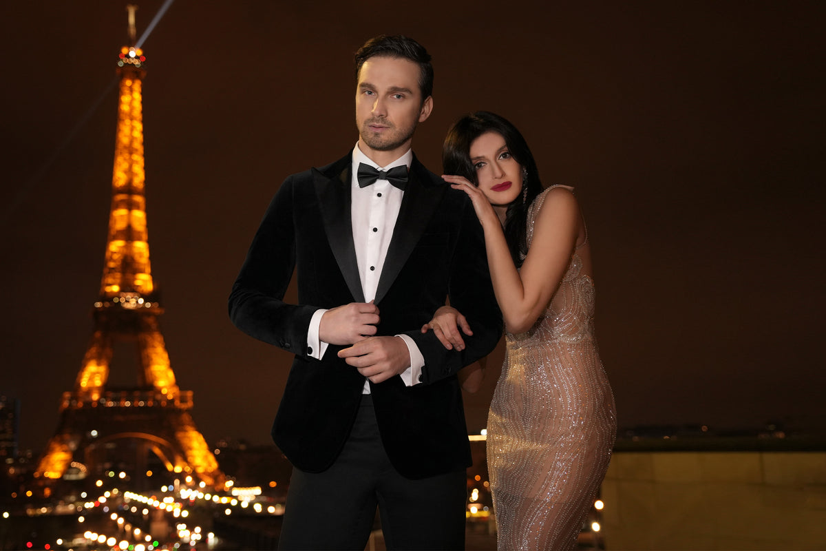 Consiglieri: black tuxedo jacket with lustrous lapels beside an evening gown