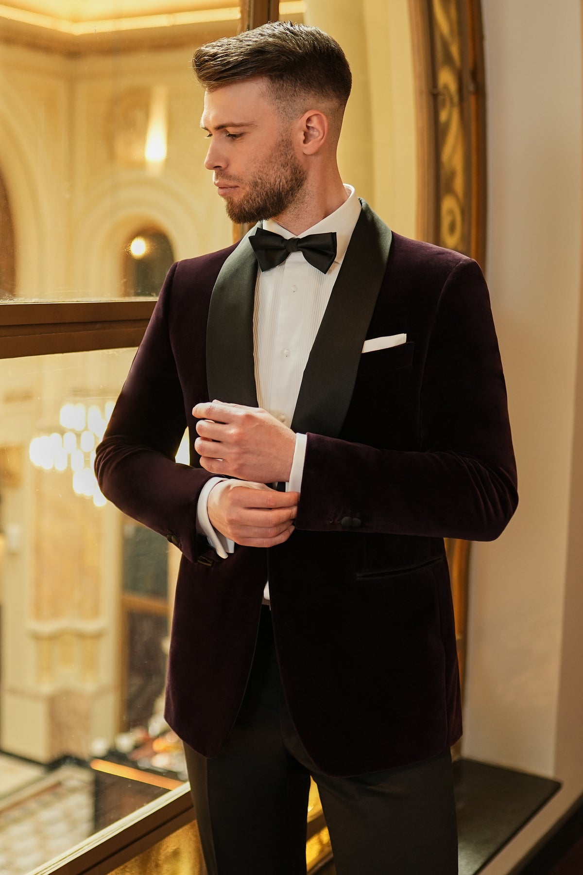 Consiglieri: deep burgundy evening jacket with contrasting lapels and black trousers