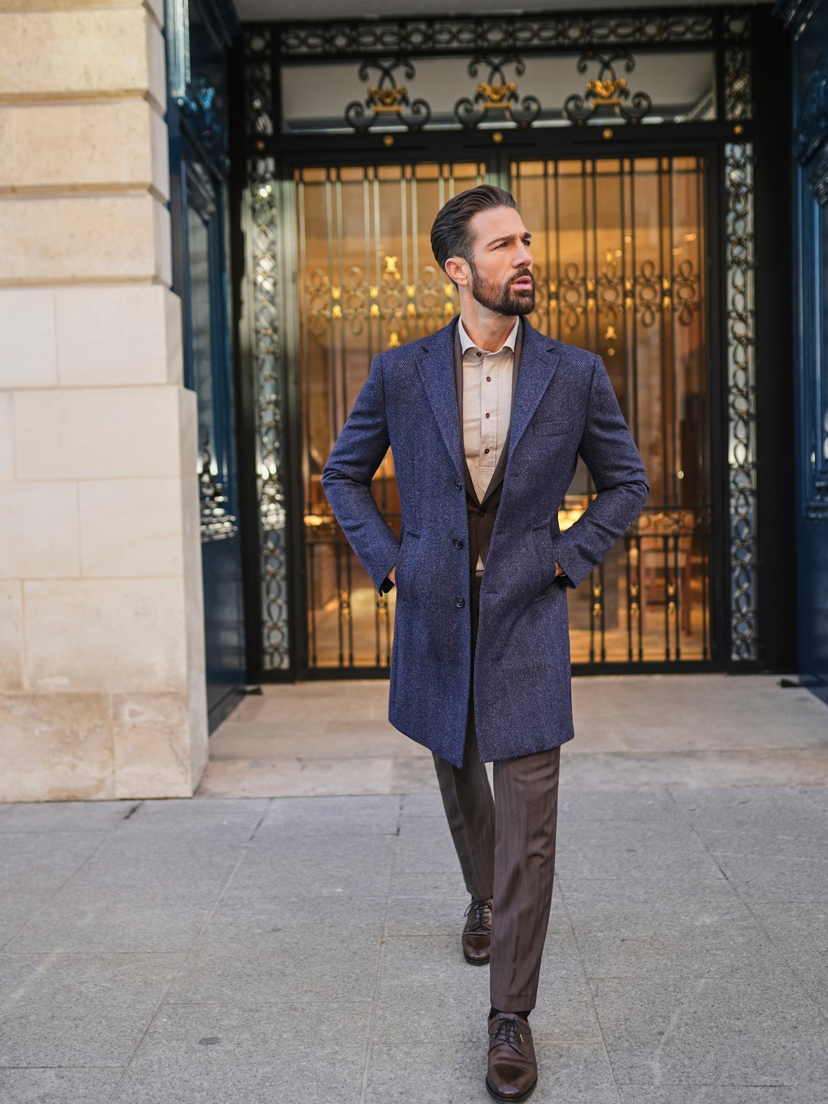 Consiglieri Zermatt: navy textured overcoat styled with brown trousers
