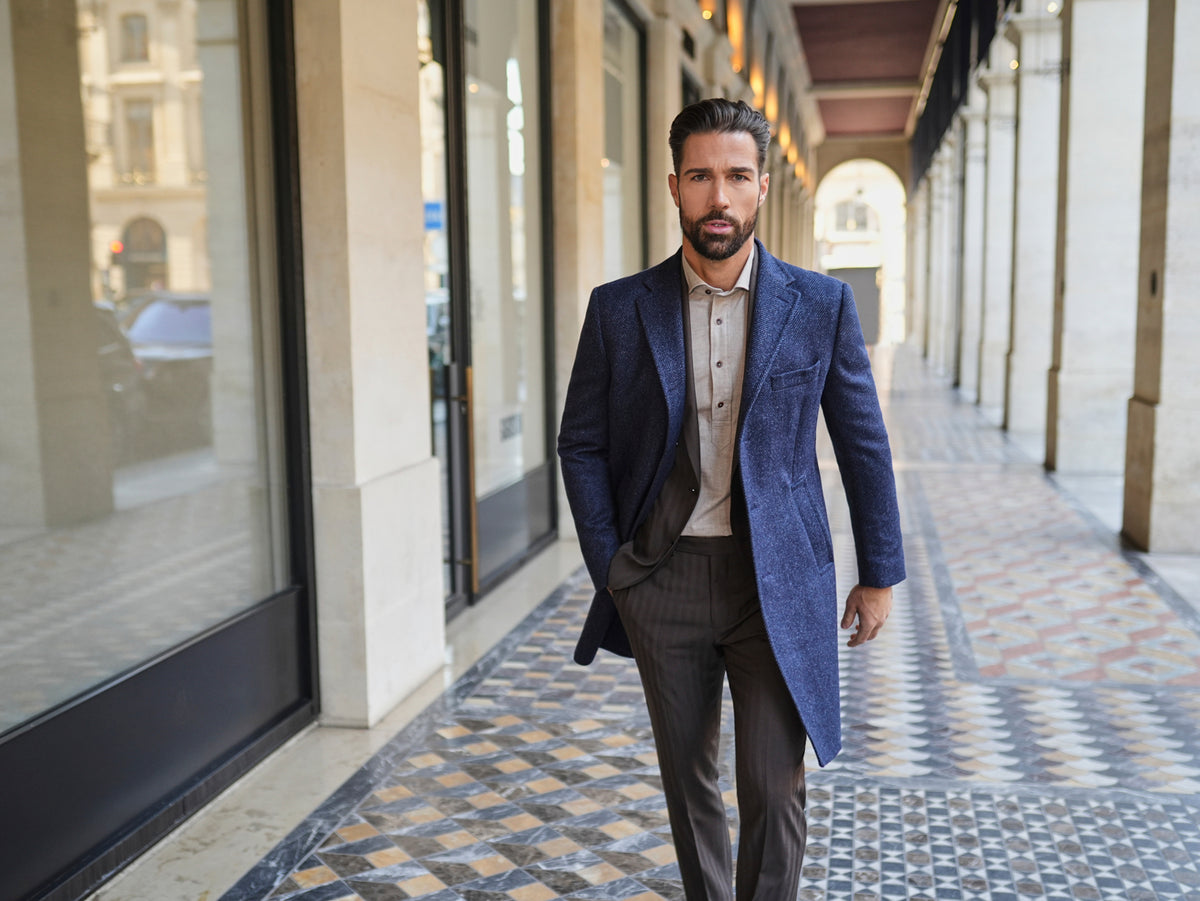 Consiglieri Zermatt: navy textured overcoat styled with brown trousers