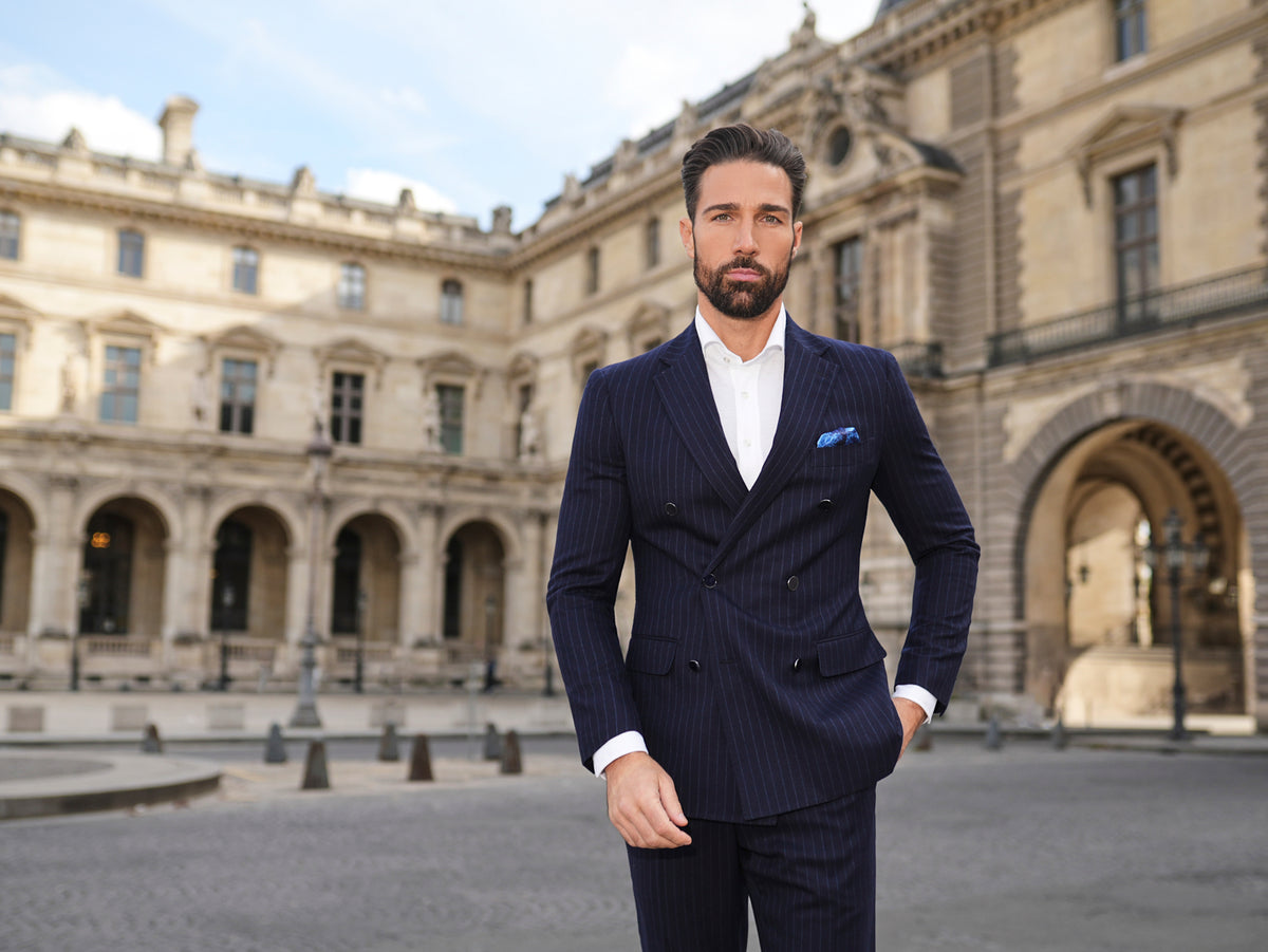 Consiglieri Mayfair: navy pinstripe suit with a double-breasted jacket