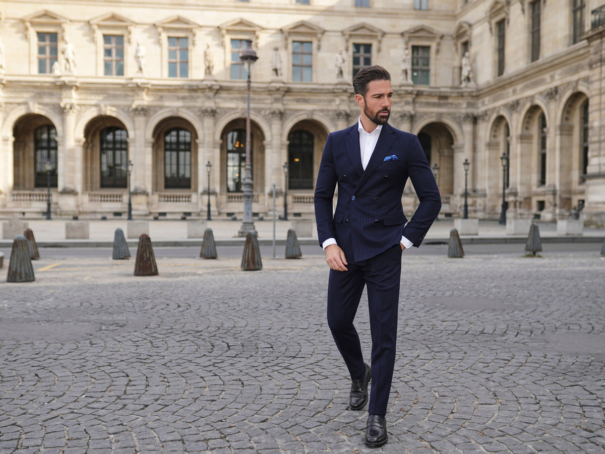 Consiglieri Mayfair: navy pinstripe suit with a double-breasted jacket