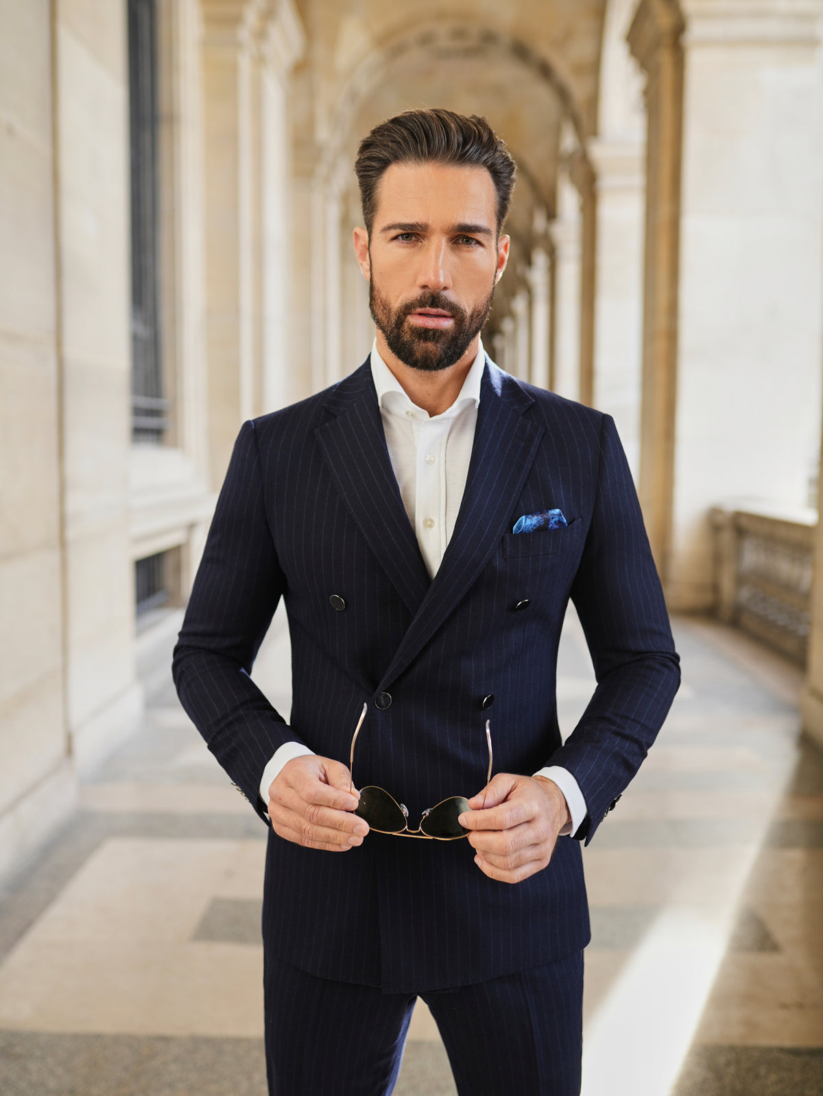 Consiglieri Mayfair: navy pinstripe suit with a double-breasted jacket