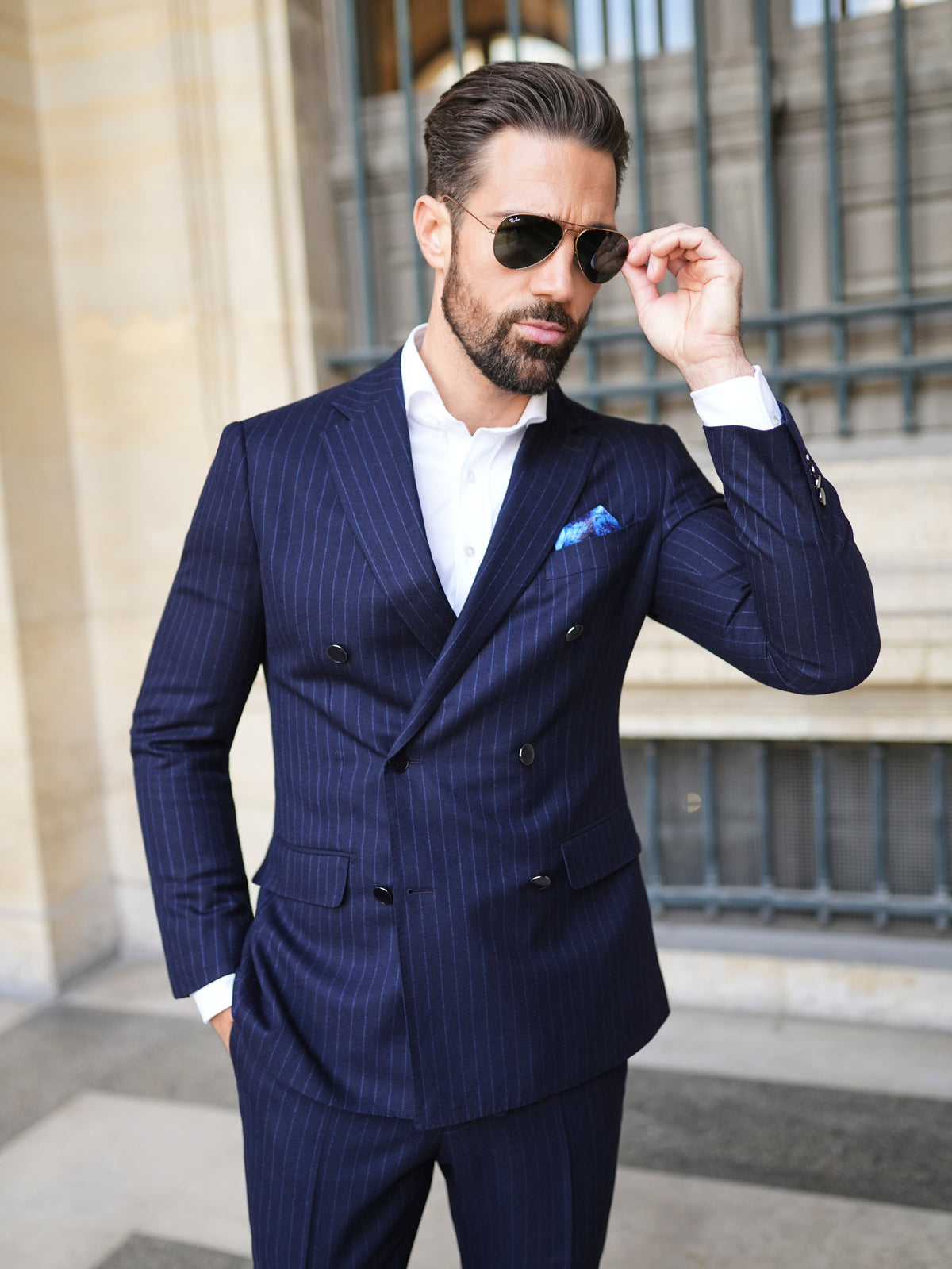 Consiglieri Mayfair: navy pinstripe suit with a double-breasted jacket