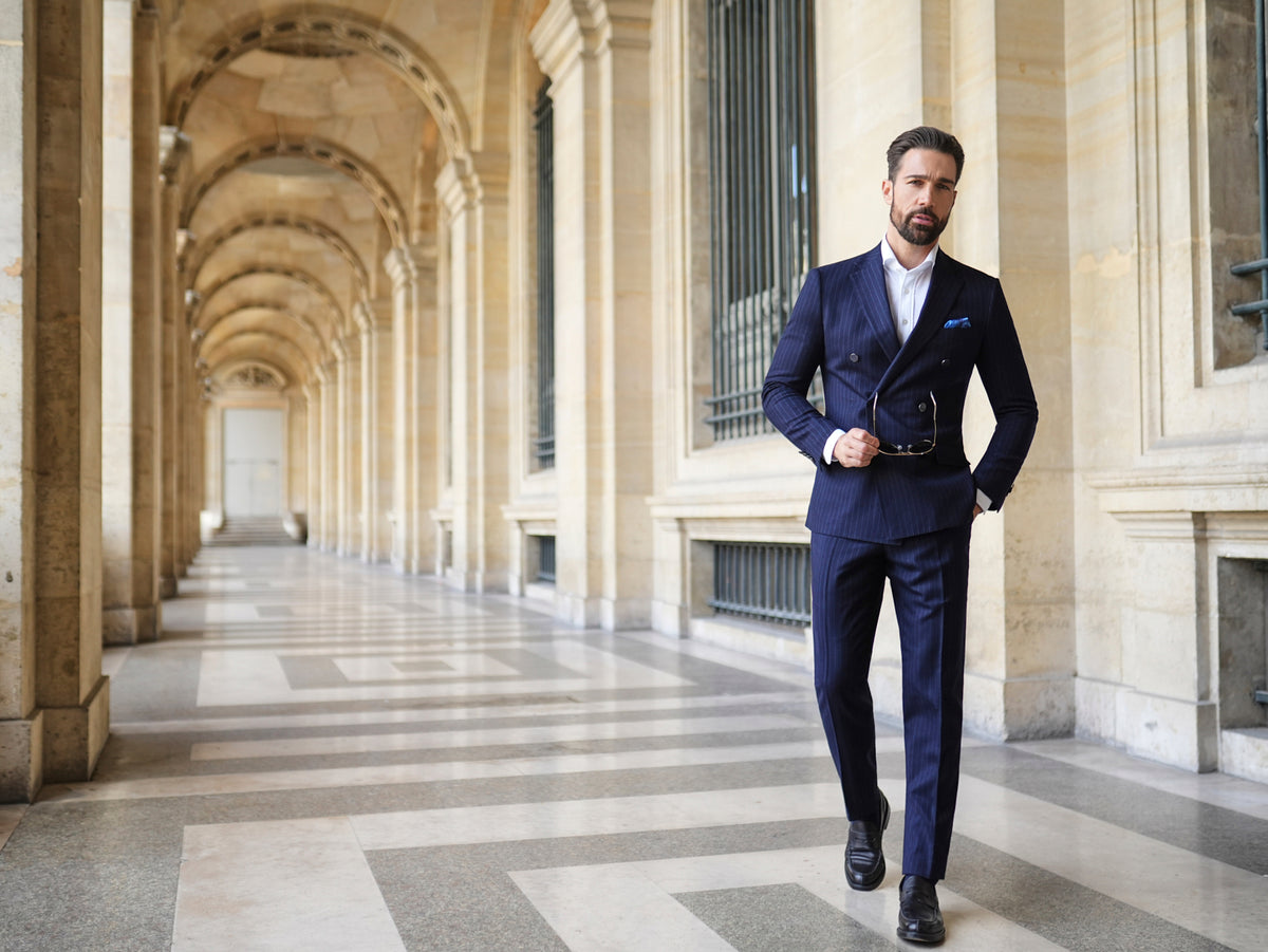 Consiglieri Mayfair: navy pinstripe suit with a double-breasted jacket
