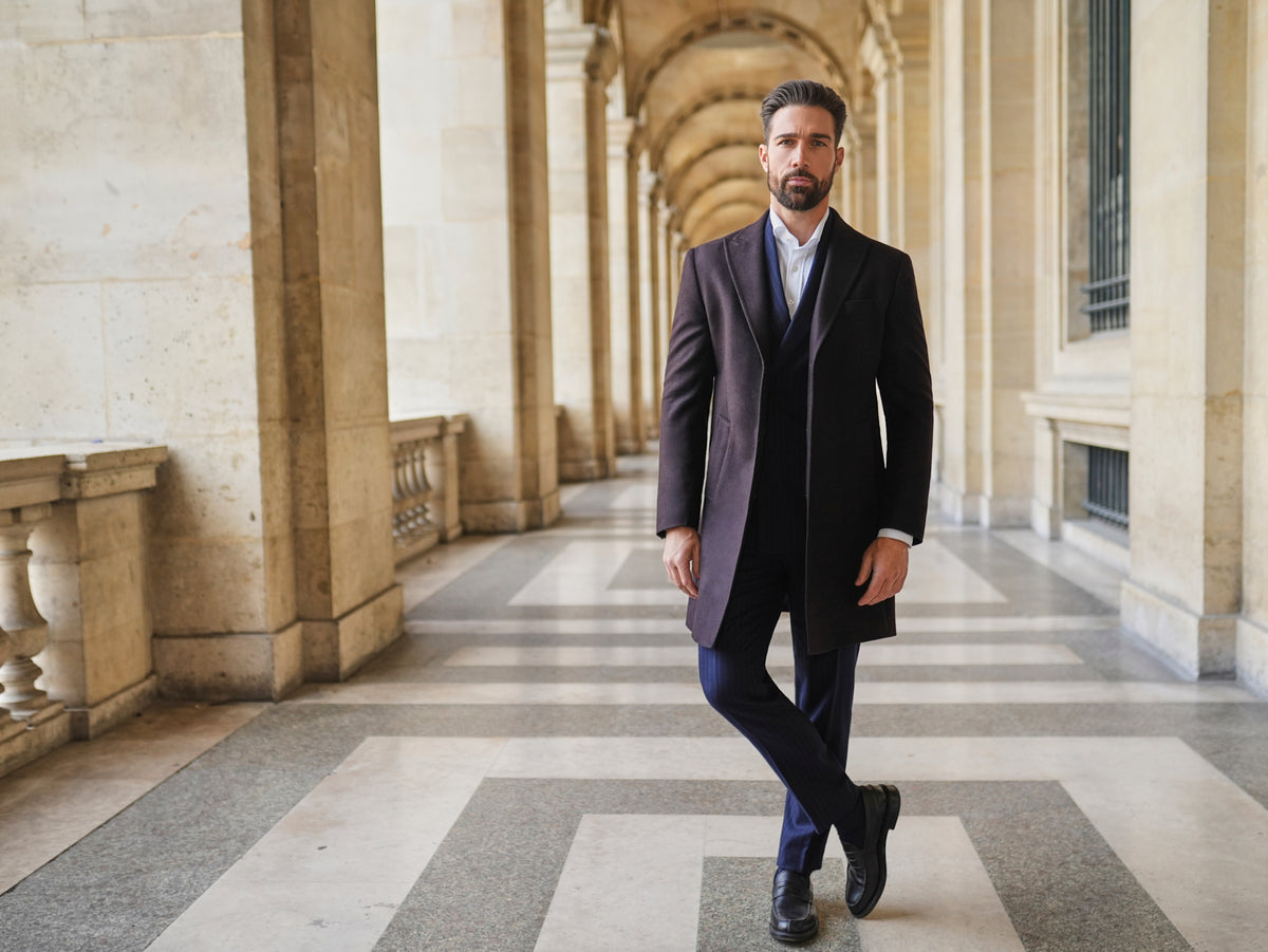 Consiglieri Meribel: dark overcoat worn over a navy suit