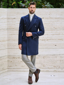 Consiglieri San Cassiano: double-breasted navy overcoat with grey trousers