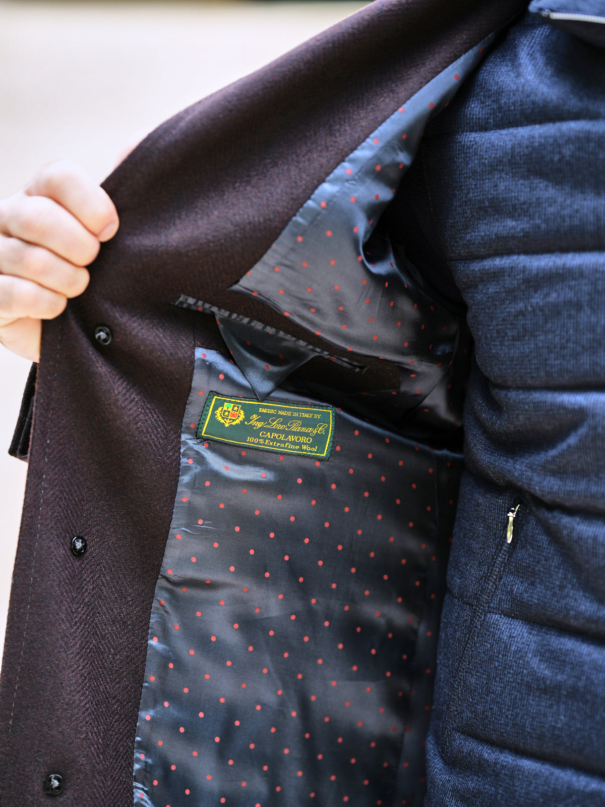 Consiglieri Davos: dark patterned lining with small red accents inside the overcoat