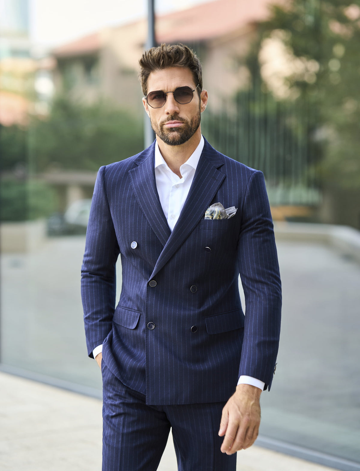 Consiglieri Mayfair: navy pinstripe suit with a double-breasted jacket