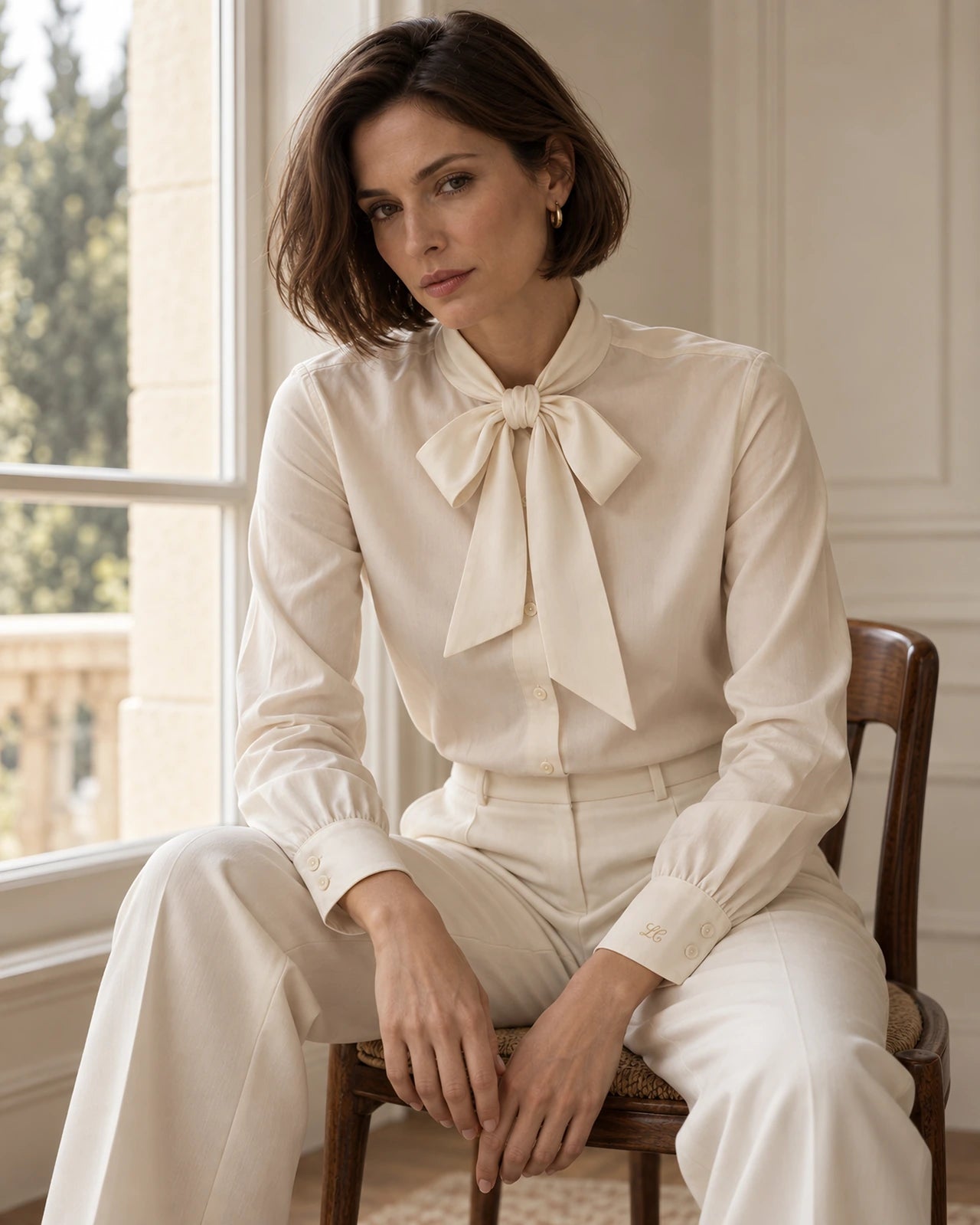 Sofia: A softly tied bow collar. Rounded two-button cuff.