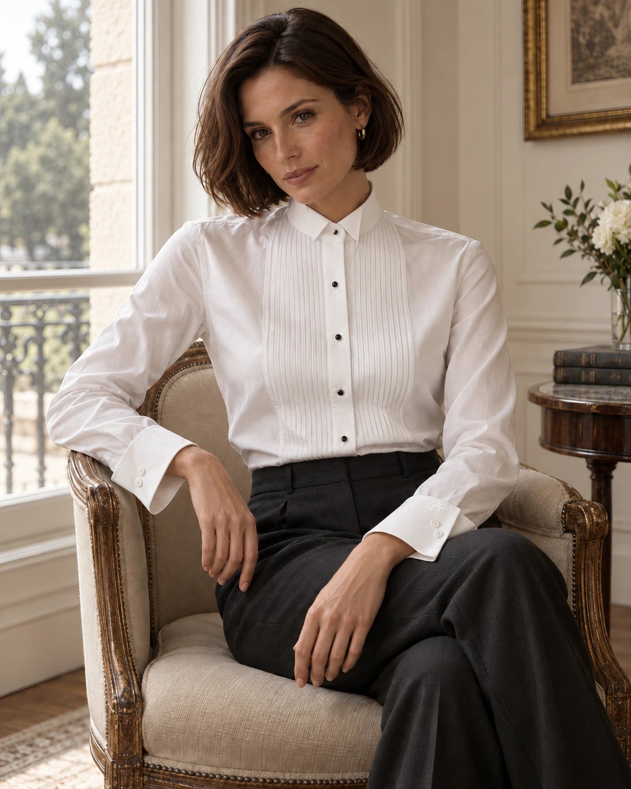 Isabella: A wing-tip evening collar. Turnback cuff with two buttons.