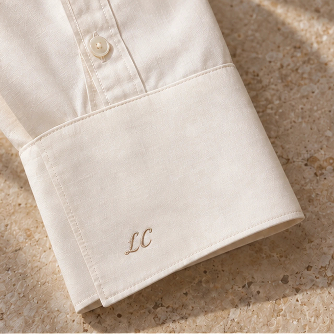 LC initials embroidered discreetly on an ivory cuff.