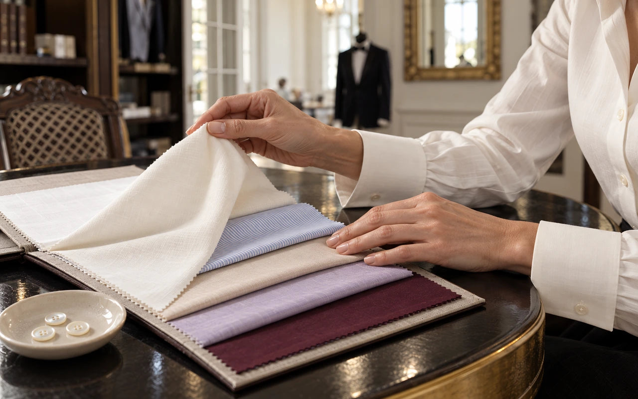 A client’s hands explore shirting fabrics in a sample album on the brass-edged table.