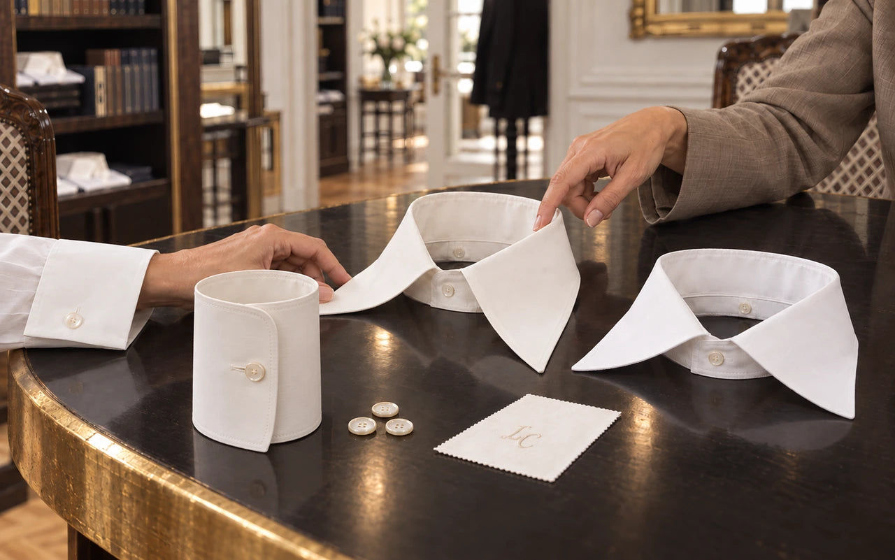 Two collar samples, a tall cuff and an embroidered LC monogram, selected with the style consultant.
